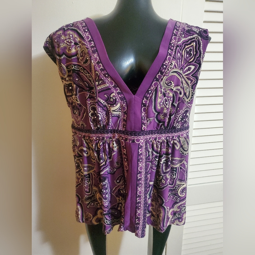 Inc sleeveless purple paisley top